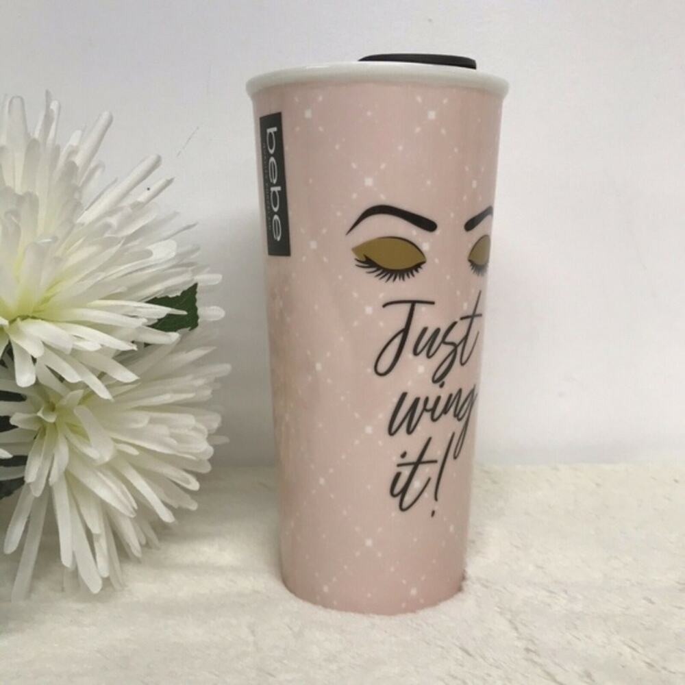 BeBe Coffee Mug Porcelain Tumbler Just Wing It Cup Pink Girly 7" NEW